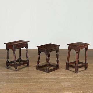 (3) antique English Baroque oak joint stools