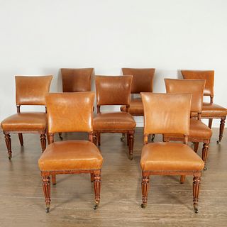 Set (8) George IV leather and oak dining chairs