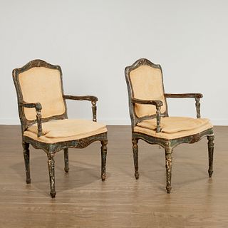 Pair Italian Rococo period blue painted fauteuils