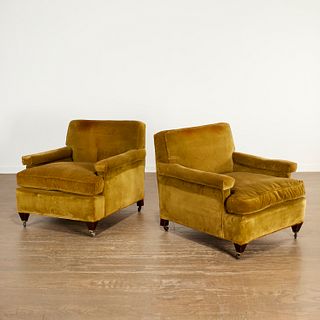 Pair custom velvet upholstered lounge chairs