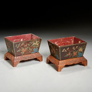 Pair Chinese lacquer jardinieres on stands