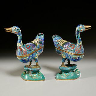 Pair Chinese cloisonne duck-form censers