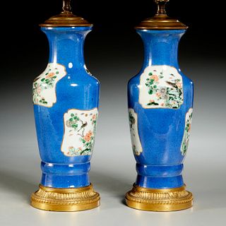 Pair Chinese powder blue porcelain vase lamps