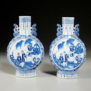 Pair Chinese blue, white moon flasks, ex Christies