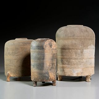 (3) early Chinese grey earthenware granary pots