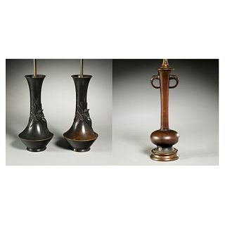 Pair Japanese bronze crayfish vase lamps