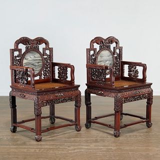 Pair Chinese marble set hardwood armchairs