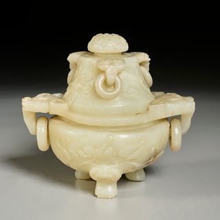 Chinese carved celadon jade censer and cover