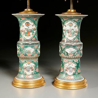 Pair Chinese famille vert gu vase lamps