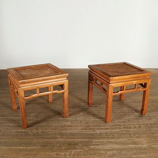 Pair Chinese caned huanghuali stools
