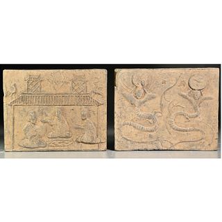 (2) early Asian gray earthenware relief tiles