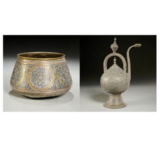 (2) Mamluk Cairoware metal inlaid table items