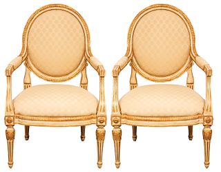 Louis XVI Style Parcel Gilt Fauteuil Armchairs, Pair