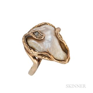 Art Nouveau 14kt Gold and Baroque Freshwater Pearl Snake Ring