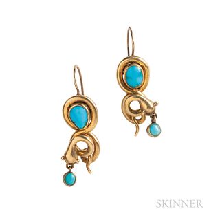 Antique Gold and Turquoise Snake Earrings