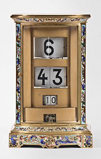 A rare and unusual large ticket clock with champleve enamel four glass case