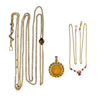 Lot of 14 karat gold jewelry and a watch chain and fob/ pendant