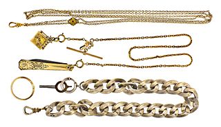 Lot of gold and silver watch chains and a Rolex fluted bezel