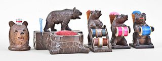 Lot of five carved Black Forest bear sewing accessories
