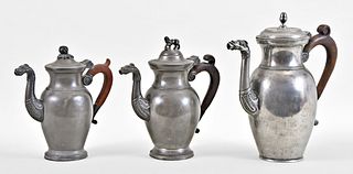 A lot of three 19th century Flemish pewter beverage pots with dolphin spouts