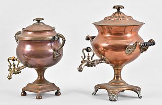 A lot of two English 19th century Old Sheffield plate hot water urns