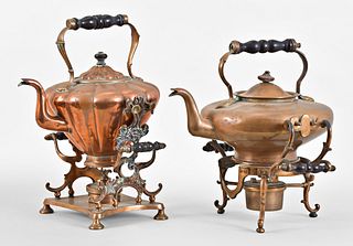 A lot of two large copper spirit kettles