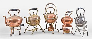 Lot of nine kettles in brass, copper, pewter, and nickel, eight with spirit lamps