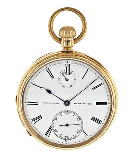A freesprung gold keyless pocket watch with wind indicator signed G.H. & C. Gowland