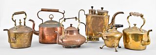 Lot of six brass and copper kettles