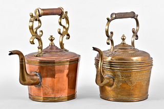 Lot of two large brass and copper kettles
