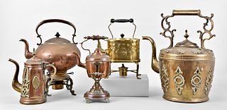 A lot of five kettles and beverage pots