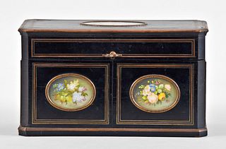 A small mid 19th century English tea caddy with paint decorated panels