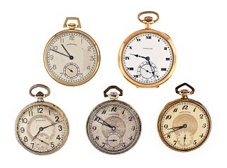 A lot of five 10 and 12 size hamilton pocket watches