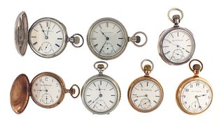 A lot of seven 16 and 18 size Elgin pocket watches