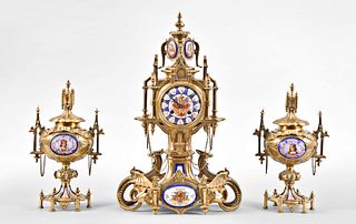 French, Japy Freres three piece clock garniture