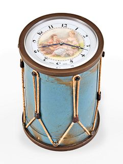 A drum form desk or bedside clock with music box signed Didisheim Goldschmit Fils & Cie
