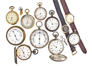 A lot of pocket watches, wrist watches, and barometers