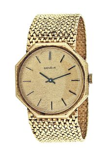A late 20th century 14 karat gold wrist watch with integral bracelet signed Geneve