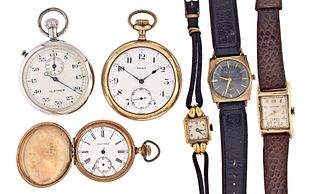 Three Wrist Watches, Two Pocket Watches and a Timer
