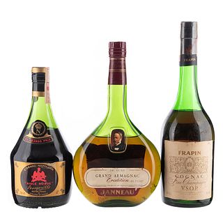 Lote de Cognac y Armagnac. Frapin. Tradition. Aigle Rouge.  En presentaciones de 700 ml. Total de piezas: 3.