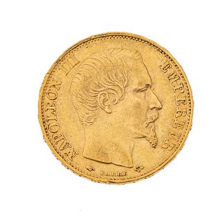 Moneda Napoleón III Empereur, 20 francos (1856) en oro amarillo de 21k. Peso: 6.4 g.