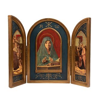 Tríptico. SXX. Estructura de madera dorada con imágenes impresas de la Virgen y santas. 53 x 35 x 5.5 cm (cerrado).
