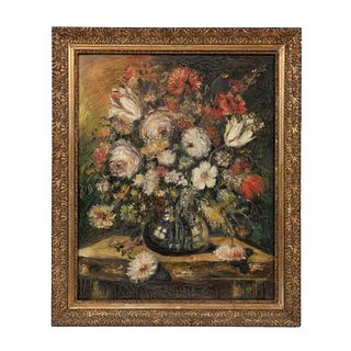 FIRMA ILEGIBLE. Bouquet. Óleo sobre tela. 58 x 47 cm. Marco de madera tallada y dorada.