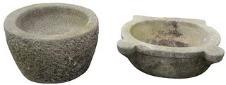 Two Carved Outdoor Stone Planters, height 10 1/2 inches, diameter 17 1/2 inches.