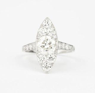 A diamond and platinum navette ring
