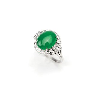 A jadeite, diamond and platinum ring