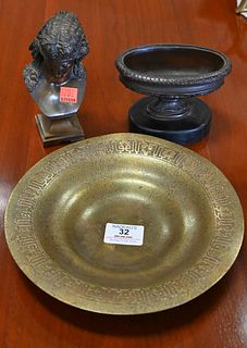 Three Piece Bronze Lot, to include Tiffany & Company bronze dish in Chinese pattern, diameter 9 inches; small bust; urn on slate base.