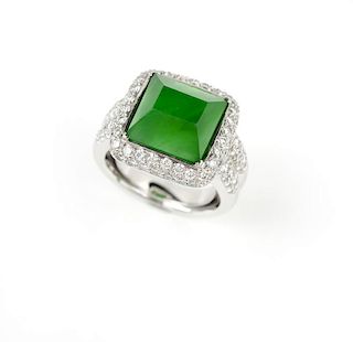 A jadeite, diamond and white gold ring