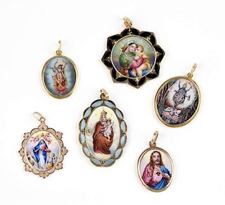 A group of six religious gold and enamel pendants