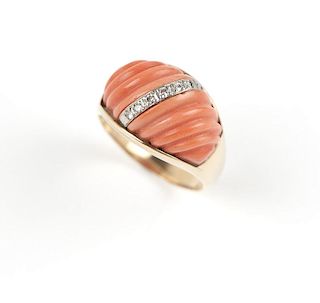 A coral, diamond and gold bombe ring